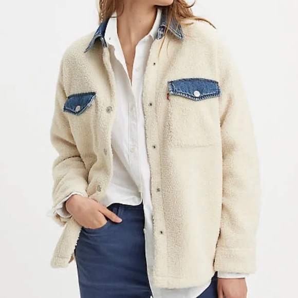 Levi's Nola Sherpa Denim Collar Shacket Jacket Womens Cream Button Front L - Picture 1 of 6